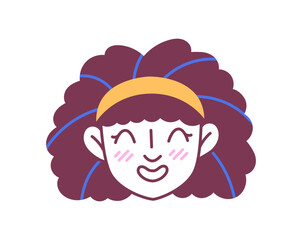 Female hairstyle doodle avatar. Young girl with orange rubber at hairs. Fashion, beauty and style. Template and layout. Cartoon flat vector illustration isolated on white background