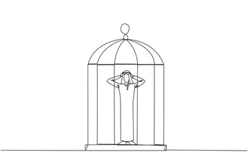 Continuous one line drawing Arab businessman trapped in cage standing frustrated holding head. Anxiety caused cannot move freely. Imprisoned. Can't work. Single line draw design vector illustration