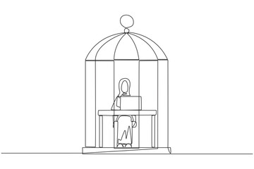 Single one line drawing Arab businesswoman trapped in cage sitting and typing on laptop computer. Tiring routine. Unhappy businessman with many deadline. Continuous line design graphic illustration