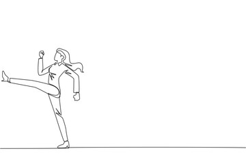 Single one line drawing businesswoman doing kicking motion. Stretch before office hours start. A healthy way to stay focused on doing business. Disciplined. Continuous line design graphic illustration