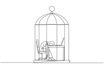 Single continuous line drawing Arabian businesswoman trapped in cage asleep on laptop. Tired of repetitive routines. The many deadlines require overtime every day. One line design vector illustration