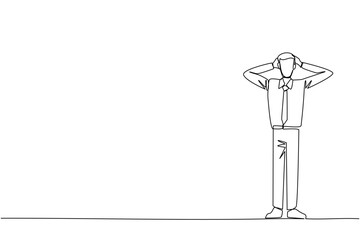 Single continuous line drawing businessman standing straight holding head with both hands. Gestures excited or surprised. Unusual facial expressions. Startled. One line design vector illustration