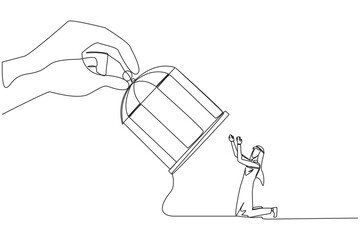 Fototapeta na wymiar Single one line drawing big hand hold cage catch kneeling Arabian businessman. Entrepreneurs who surrender to situation. Take responsibility for all errors. Continuous line design graphic illustration