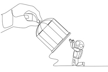 Single one line drawing big hand hold the cage catch kneeling astronaut. Entrepreneurs who surrender to the situation. Take responsibility for all errors. Continuous line design graphic illustration