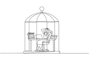 Single continuous line drawing Arab businesswoman trapped in cage sitting on office chair holding head. Being in a routine trap. Tired and irritated with the daily grind. One line vector illustration
