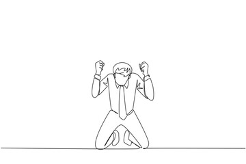 Continuous one line drawing businessman kneeling like praying. Lost hope. Businesses will bankrupt if fail to get bona fide clients. Gesture of surrender. Single line draw design vector illustration