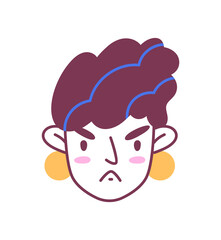 Female hairstyle doodle avatar. Young girl with brown curly hairs. Fashion and style. Sticker for social networks and messengers. Cartoon flat vector illustration isolated on white background