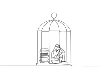 Continuous one line drawing Arabian businessman trapped in cage sitting down frustrated. Stress with piling up unfinished work until close to deadline. Exhausted. Single line draw vector illustration