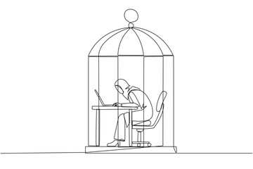 Single continuous line drawing Arabian businesswoman trapped in cage working on laptop. Plan to take annual leave to get away from routine. Workaholic. Overtime. One line design vector illustration