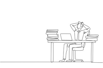 Single continuous line drawing businessman sitting on office chair. Stressful to see stock price on a laptop screen that don't increase. Stressful businessman. One line design vector illustration