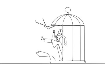 Single one line drawing Arab businesswoman trapped in cage kick the cage until wrecked. Freedom of expression for smooth running of business. Distractions. Continuous line design graphic illustration