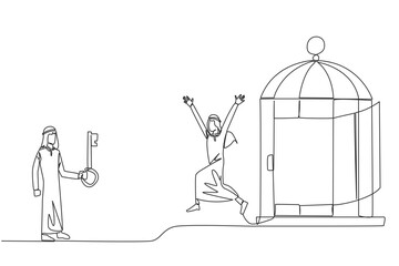 Single continuous line drawing Arab businessman who was free by colleague from the trap of a cage. Teamwork metaphor. Growing business together. Great relationship. One line design vector illustration