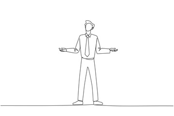 Obraz premium Continuous one line drawing businessman standing straight with open arms. Lonely and sadness businessman lamenting undeveloped business. Unhappy manager. Single line draw design vector illustration