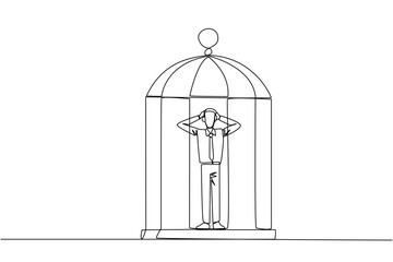 Single continuous line drawing businessman trapped in cage standing frustrated holding head. Anxiety caused can not move freely. Confined. Imprisoned. Can't work. One line design vector illustration