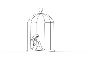 Continuous one line drawing businesswoman trapped in cage sitting covering face. Feel utterly defeated. Trapped in a dirty business. Mentally tired. Lost. Single line draw design vector illustration