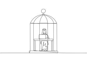 Single one line drawing Arab businessman trapped in cage sitting and typing on laptop computer. Tiring routine. Unhappy businessman with the many deadline. Continuous line design graphic illustration