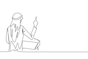 Single continuous line drawing from back view Arabian businessman speak at podium while lifting index finger. Businessman in Conference Hall present new business. One line design vector illustration