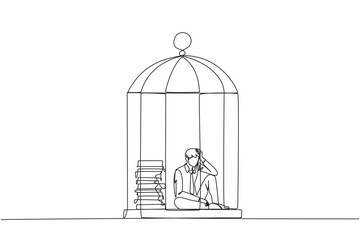 Single continuous line drawing businessman trapped in cage sitting down frustrated. Stress with piling up unfinished work until close to the deadline. Exhausted. One line design vector illustration