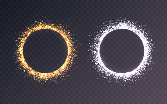 Glitter circle set. Magic light effect template. Beautiful round border. Luxury glowing ring. Elegant frame with gold particles. Circular silver element with dust. Vector illustration