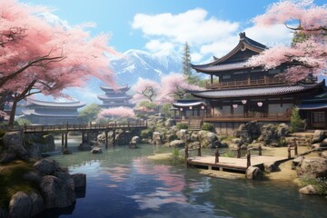 Serene tea garden with traditional huts, koi ponds, and cherry blossom trees.