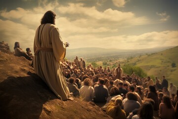 Sermon on the Mount amidst a captivated audience. - obrazy, fototapety, plakaty