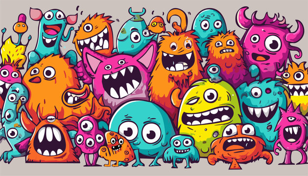 Doodle of Colorful Cute Monster. Background. Vector Art Illustration	