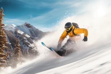 Snowboarder carving down a snowy mountain, leaving a trail of snow behind. - obrazy, fototapety, plakaty
