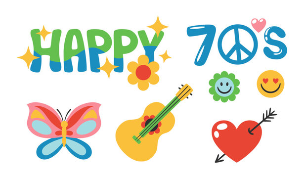 Hippie stickers set. Retro style, back to 80s and 90s. Guitar, emoji and happy inscription. Graphic elements for website. Cartoon flat vector collection isolated on white background