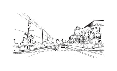 Building view with landmark of Siesta Key is a barrier island in Florida. Hand drawn sketch illustration in vector.