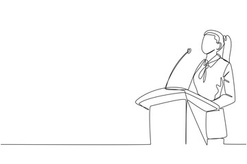 Single one line drawing young happy businesswoman speaking at the podium. Announced greatly improved business balance sheet. A fun speech for all parties. Continuous line design graphic illustration