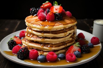 Stack of pancakes drizzled with maple syrup and topped with berries.