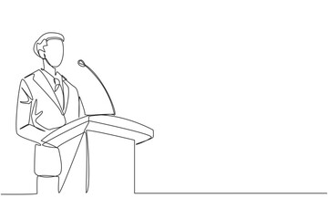 Single continuous line drawing young happy businessman speaking at the podium. Announced greatly improved business balance sheet. A fun speech for all parties. One line design vector illustration - obrazy, fototapety, plakaty