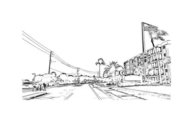 Building view with landmark of Siesta Key is a barrier island in Florida. Hand drawn sketch illustration in vector.