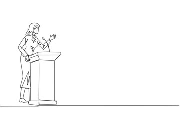 Continuous one line drawing businesswoman speech standing behind podium. Inviting to everyone to be more concerned with natural condition to avoid air pollution. Single line draw vector illustration