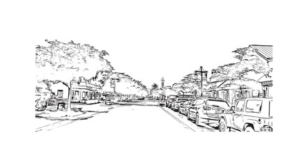 Fototapeta premium Building view with landmark of Siesta Key is a barrier island in Florida. Hand drawn sketch illustration in vector.