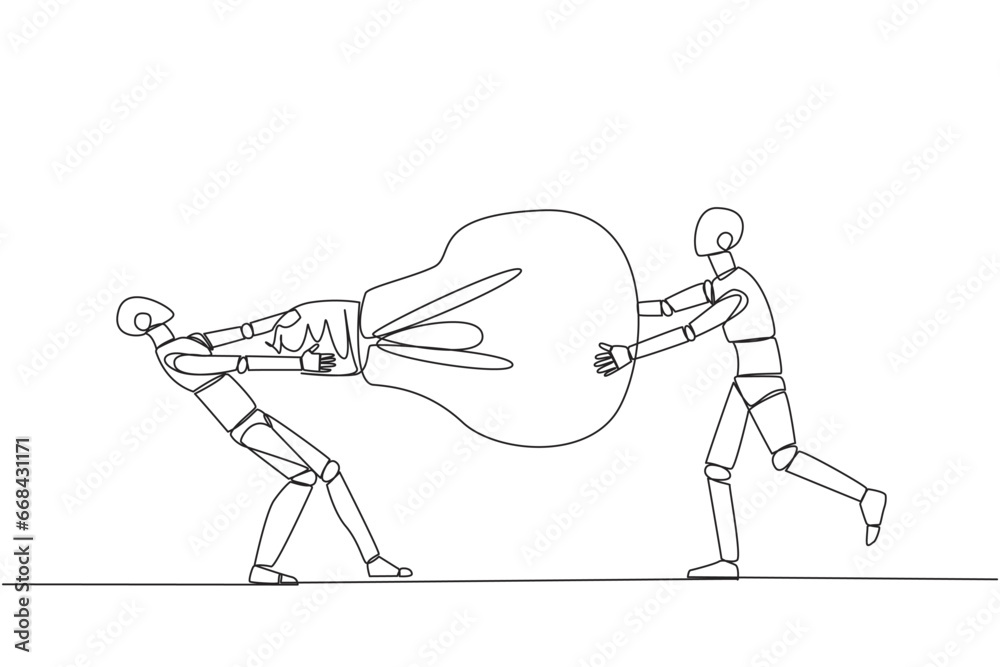 Poster single continuous line drawing two angry robot fighting over lightbulb. both of them differed, feeli