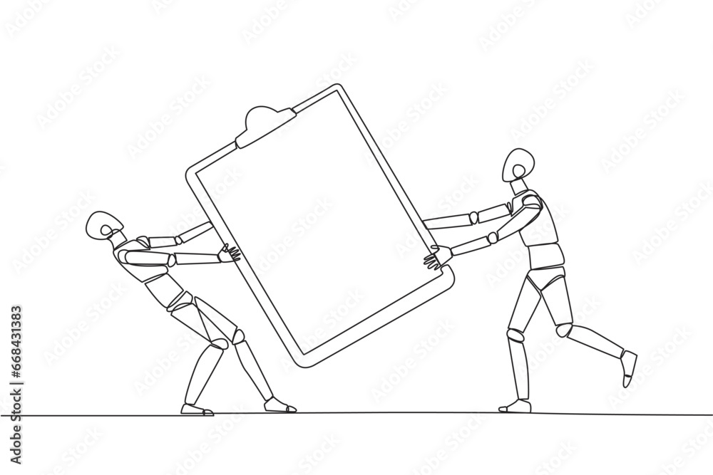 Poster single continuous line drawing two angry robot fighting over the big clipboard. useful to make it ea