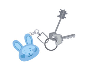 Key with keychain. Toys and keychains at pedant. Cottage and townhouse, padlock. Blue rabbit head. Graphic element for website. Cartoon flat vector illustration isolated on white background