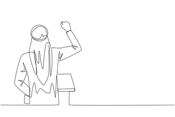 Continuous one line drawing rear view of Arab businessman speaking at podium. Raising and clenching hands, he enthusiastically gave financial gain oration. Single line draw design vector illustration