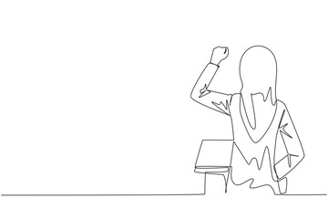 Continuous one line drawing rear view of Arabian businesswoman speaking at podium. Raising and clenching hands, she enthusiastically gave financial gain oration. Single line draw vector illustration