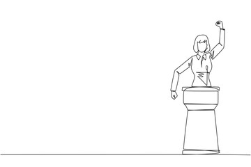 Single continuous line drawing young businesswoman speak at the podium by clenching fists at head height. Doing oration. Leadership concept. Burning the spirit. One line design vector illustration