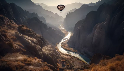 Poster Men flying hot air balloon over mountain range, extreme adventure generated by AI © Stockgiu
