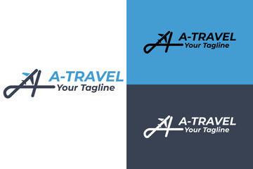 Alfa Travel logo and letter a. Aviation agency design. Vector illustration