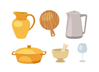 Obraz premium Kitchenware items set. Dishware for cooking and preparing food. Yellow jug, saucepan and electric kettle. Template and layout. Cartoon flat vector collection isolated on white background