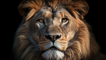 Majestic lion staring, close up portrait of undomesticated feline in Africa generated by AI