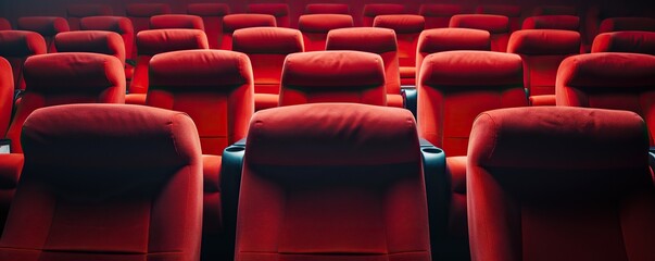 Obraz premium Empty row of red seat in the cinema rooms , Movie theater seat horizontal banner