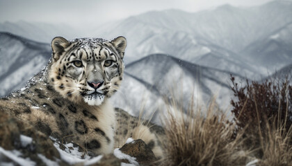Obraz premium Majestic tiger in snow covered wilderness, staring with intense focus generated by AI