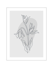 Line flower poster. Minimalistic creativity and art. Bloom and blossom plant. Hand drawn sketch. Cover or banner for website. Linear flat vector illustration isolated on white background