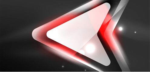 Neon speed arrow and line shapes background. Hi-tech concept with shiny backdrop. Bright flare light effect in the dark
