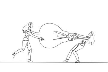 Single continuous line drawing two businesswoman fighting over lightbulb. Both of them differed, feeling most right. Emotional businesswoman. Versus. Conflict. One line design vector illustration